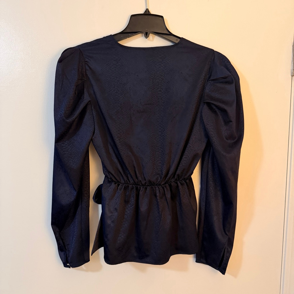Express Satin Jacquard Wrap Blouse – Deep Navy (Almost Black) Size S - Picture 10 of 10
